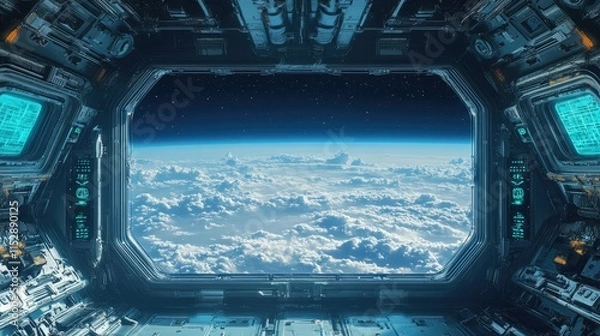 Fototapeta A futuristic spacecraft interior featuring a large window that frames a view of Earth from space.