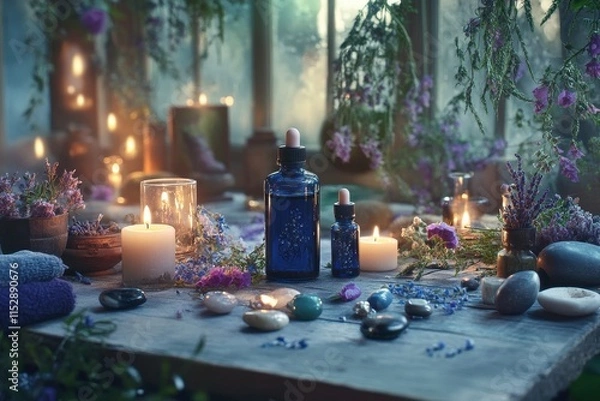 Fototapeta Mystical spa setting with essential oils, candles, flowers, and crystals.