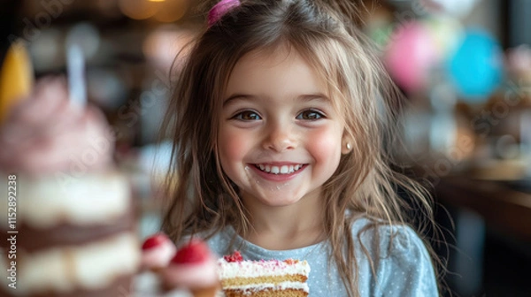 Fototapeta A child smiling ear-to-ear as they enjoy a giant slice of birthday cake at their party