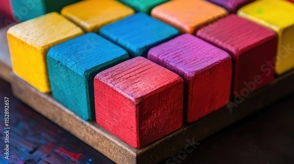 Fototapeta A colorful arrangement of small, rectangular wooden blocks,