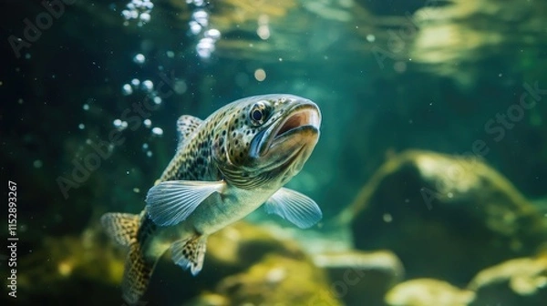 Fototapeta A brown trout swimming underwater, surrounded by clear blue water with bubbles rising to the surface.