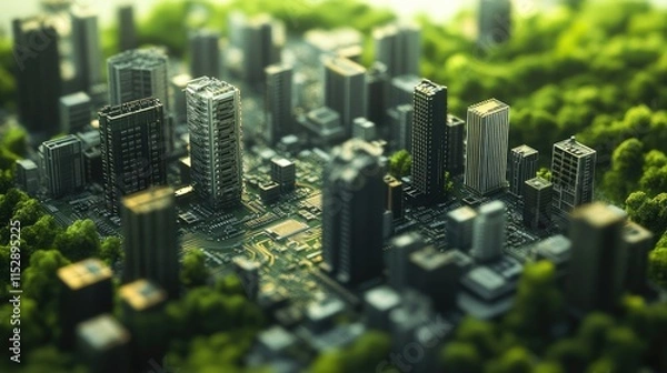 Fototapeta A close-up view of a circuit board designed to resemble a miniature cityscape,