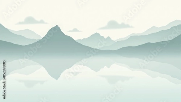 Obraz Montañas minimalistas y lagos en degradados suaves de gris, azul y verde con líneas fluidas y texturas de nubes. Ideal para textiles o branding ambiental.