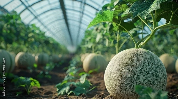 Fototapeta Cantaloupe Melon Greenhouse Cultivation: A Glimpse into Modern Agriculture