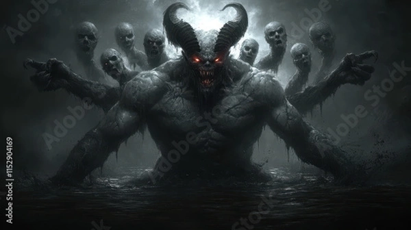 Fototapeta powerful demon with multiple heads and arms emerging from darkness
