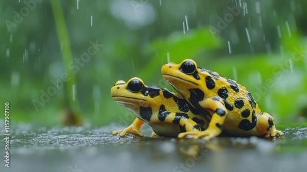 Fototapeta Two Vibrant Black and Yellow Frogs Sheltering from Rain on a Wet Surface Surrounded by Lush Green Foliage in a Natural Habitat