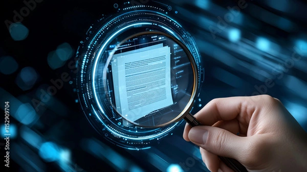 Fototapeta A detailed IT Security Risk Assessment concept depicted with a magnifying glass focused on
