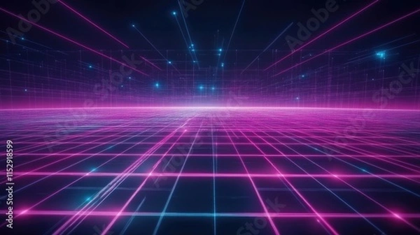 Fototapeta Futuristic Neon Grid with Bright Stars and Glowing Lines