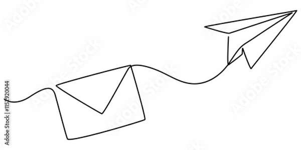 Obraz Continuous single line sketch drawing of envelope mail with flying paper plane sending letter and email message concept one line art vector illustration, Drawing of continuous editable one line flying