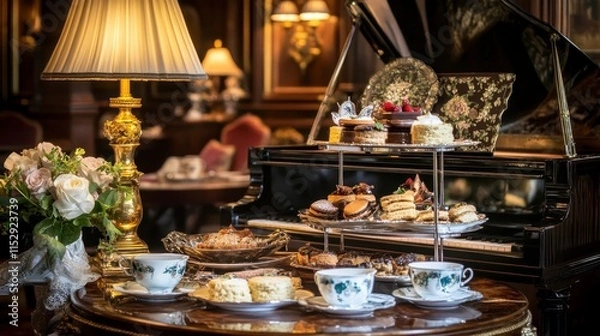 Fototapeta Elegant afternoon tea setting with pastries, teacups, and a grand piano in a luxurious room.