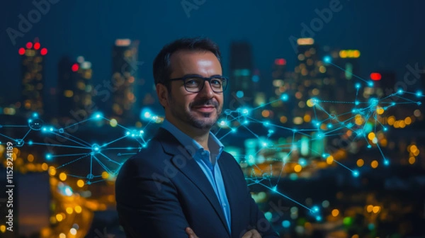 Fototapeta Abstract businessman stands on the peak of success Smart digital city with connection cyber security network reciprocity over the cityscape future wireless digital city and social media networking