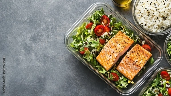 Fototapeta Healthy meal prep containers featuring salmon, rice, and fresh salad with tomatoes arranged in a top view composition with copy space.