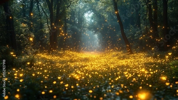 Fototapeta A mystical forest path illuminated by glowing fireflies, creating a magical atmosphere.
