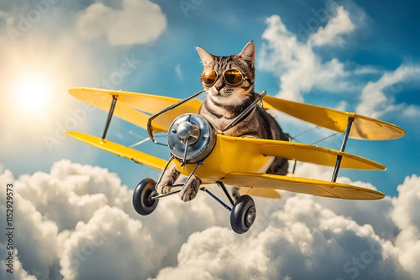 Fototapeta A cat wearing aviator goggles soars through fluffy clouds in a tiny vintage plane, with the bright sun glowing in the blue sky.