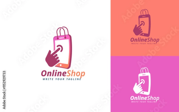 Obraz Online Shopping Logo Design With Smartphone Clicking Hand, Bag. Ecommerce Logo, Modern Online Store Logo. Vector Illustration