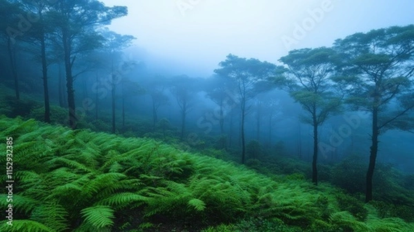 Fototapeta Misty forest scene with lush ferns and tall trees on a hillside.