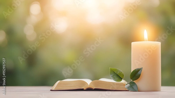 Obraz An image featuring a Bible and prayer, illuminated with bright colors, symbolizing spiritual devotion and faith. The scene conveys a sense of tranquility and reverence, capturing the essence of prayer