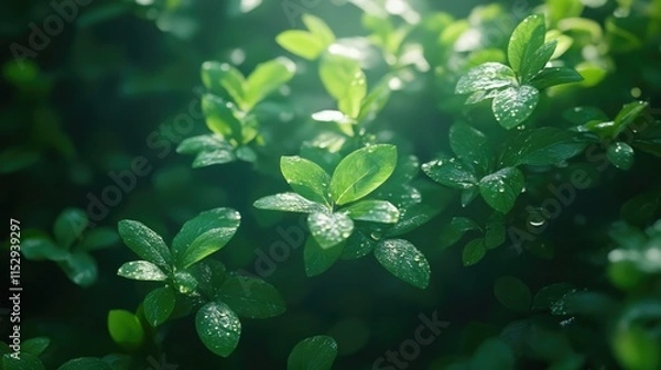 Fototapeta Lush green leaves with dew drops illuminated by soft sunlight in a serene natural setting