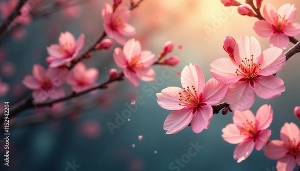 Fototapeta Abstract background with blooming apricot branches and blossoming flowers, flower, petals