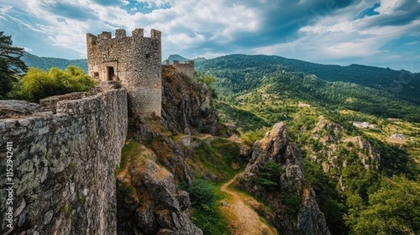 Fototapeta Historic castle ruins on rocky landscape with scenic view of mountains under dramatic sky showcasing nature and architecture from past centuries