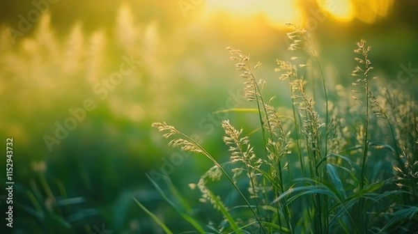 Fototapeta Golden Sunset Over Wild Grass in Nature's Serenity