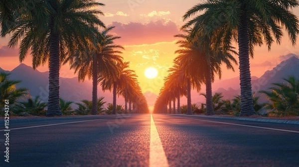 Obraz Asphalt road with palm trees on both sides and a sunset on background 