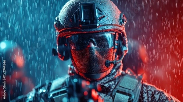 Fototapeta Heavily Equipped Soldier Bracing Against Heavy Storm While on Covert Military Mission