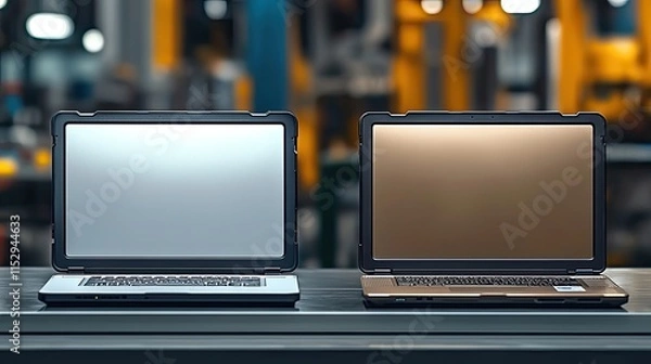 Obraz Two laptops on a table, one with a silver screen and the other with a brown screen, set against a blurred industrial background.
