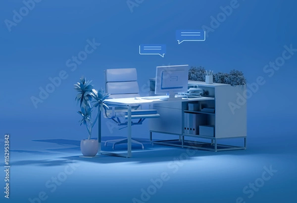 Obraz Minimal Office Desk in pastel green blue Color 2025. Stylish Workplace, Plant pot, bubble talk icon. Mockup Template, 3D Rendering.