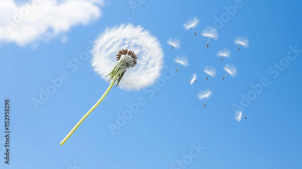Fototapeta Dandelion Wishes on a Summer Breeze: A fluffy dandelion clock against a vibrant blue sky, its seeds gently drifting away on a light breeze.  A whimsical image of hope, new beginnings.