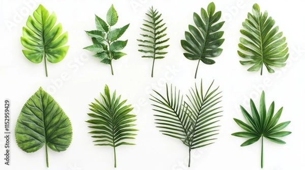 Fototapeta Diverse assortment of palm and tropical leaves arranged on a clean white background showcasing natural textures and vibrant green colors