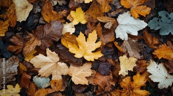 Fototapeta Colorful autumn leaves in various shades scattered on the ground creating a beautiful natural foliage background.