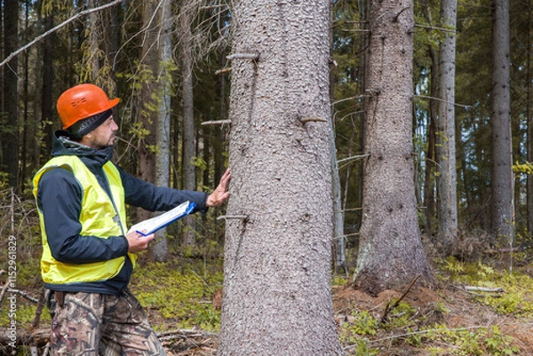 Fototapeta Forest engineer in work clothes works in the forest.