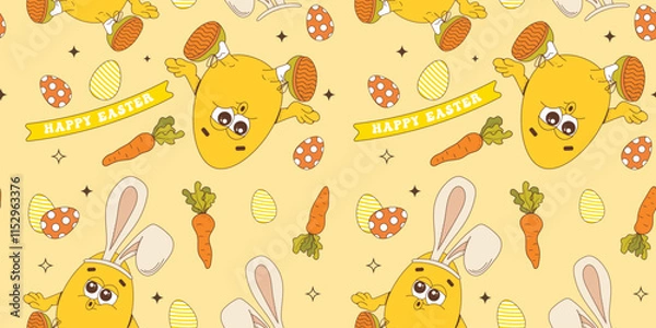 Fototapeta Easter pattern with funny eggs, carrots, and a rabbit. Happy Easter. Seamless pattern.