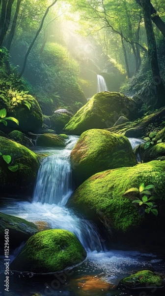 Fototapeta There is a small stream among the green trees and rocks
