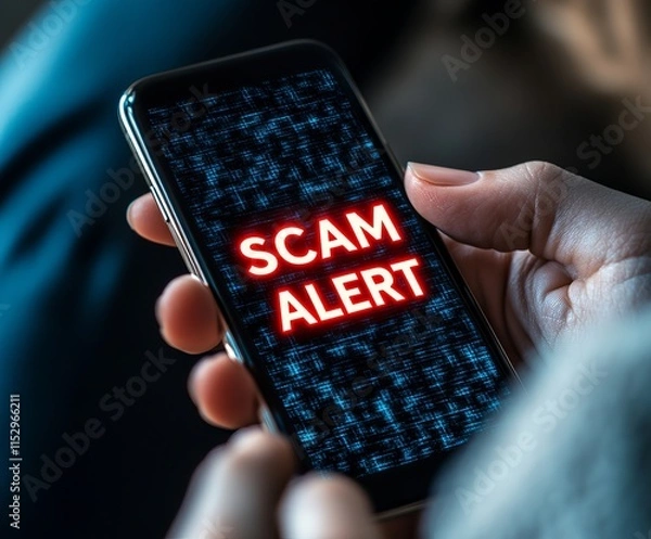 Fototapeta A close-up of a person's hand holding a smartphone displaying a 'SCAM ALERT' message in bold red letters against a dark, digital background.