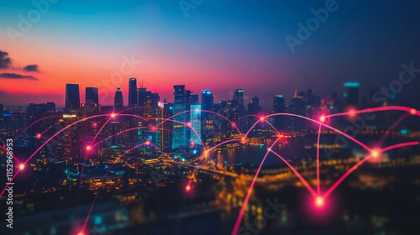 Fototapeta Abstract businesswoman stands on the peak of success Smart digital city with connection cyber security network reciprocity over the cityscape future wireless digital city and social media networking