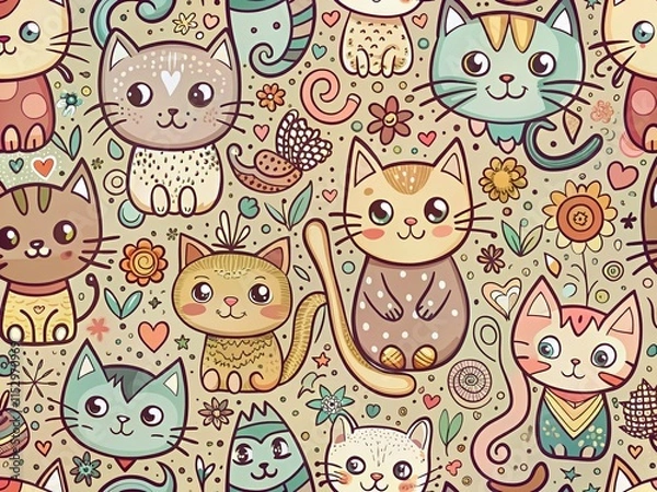 Obraz Adorable Cartoon Cat Doodle Pattern: High-Resolution Stock Photo for Cute Designs