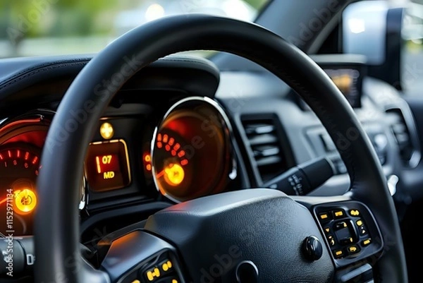 Fototapeta Explore the Modern Car Interior: A Detailed Look at the Dashboard, Steering Wheel, and Controls, Featuring Illuminated Gauges and Advanced Technology for Enhanced Driving Experience.
