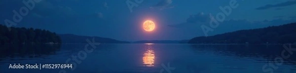Fototapeta Softly glowing moon rises above the lake's calm surface, calmness, sky