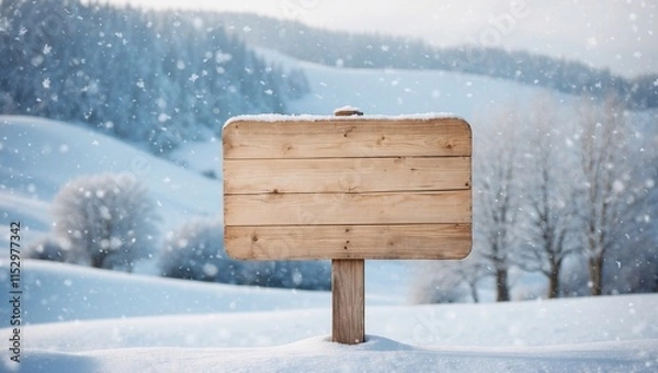 Fototapeta Blank wooden road sign against the backdrop of a snowy winter and falling snow, copy space