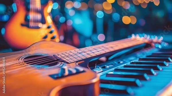 Fototapeta Close-up of acoustic guitar and keyboard on stage with blurred background lights.