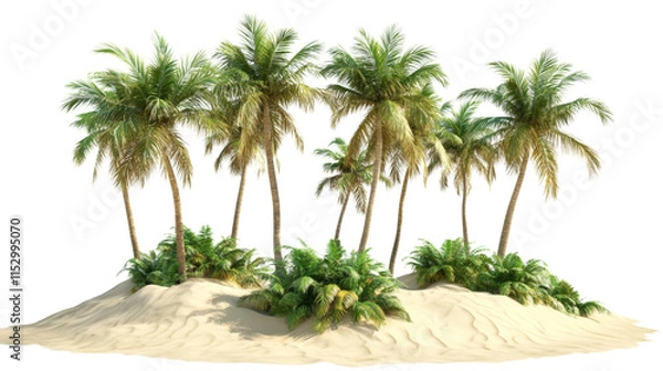 Fototapeta Tropical oasis with lush palm trees on sand dunes, isolated transparent background
