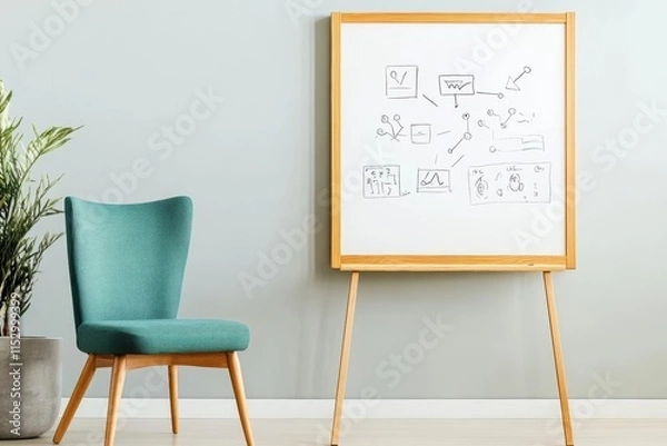 Fototapeta A serene watercolor of a study corner with a whiteboard displaying neatly drawn educational diagrams