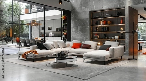 Fototapeta Modern Luxury Living Room with Sectional Sofa, Built-in Shelving, and Large Windows