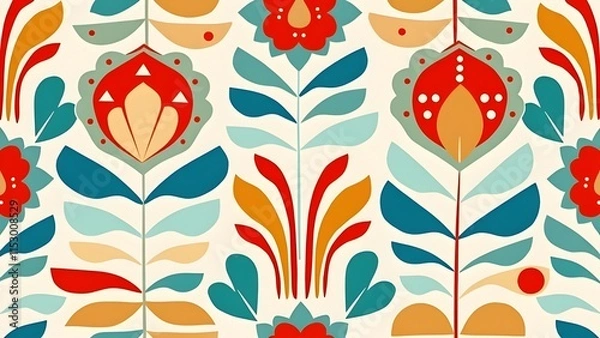 Fototapeta Modern Retro Floral Wallpaper Pattern with Geometric Style