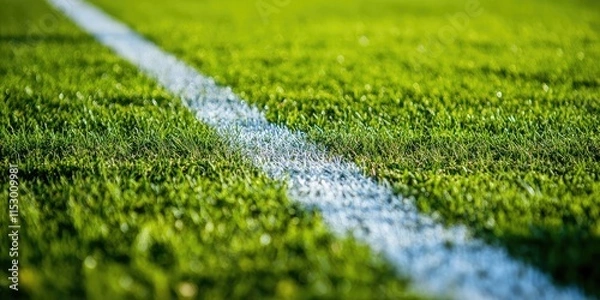 Fototapeta Close up view of a painted line on grass, showcasing the marker sideline commonly found on a soccer field. The soccer field lines are essential for gameplay and organization during matches.