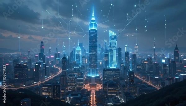 Fototapeta Futuristic Cityscape Illuminated At Night Networked Towers