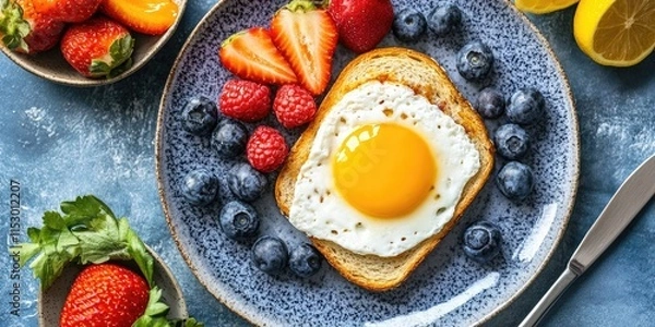 Fototapeta Delicious breakfast featuring a sandwich and fresh fruit arranged beautifully on a plate at home, perfect for starting your day with a satisfying and nutritious meal. Enjoy a sandwich breakfast 