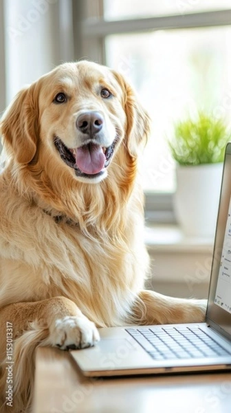 Fototapeta Happy Dog Engaging with Pet Behavior Onboarding Platform in Cheerful Room
